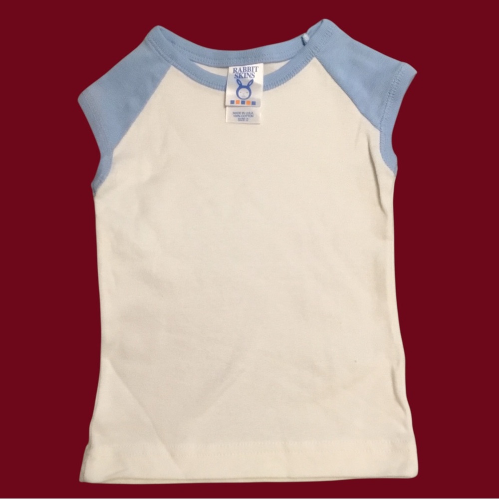 Rabbit Skins White ribbed Tee with Light Blue Raglan Sleeves. 100% Cotton. NEW!